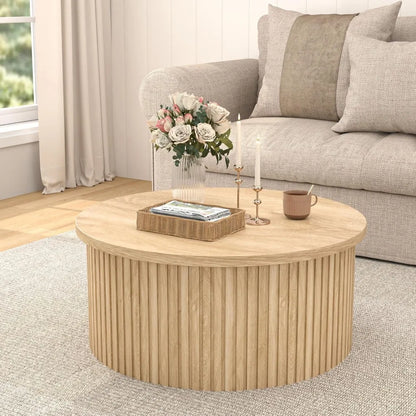 Round Coffee Table, 34.6"  Farmhouse Fluted and Storage
