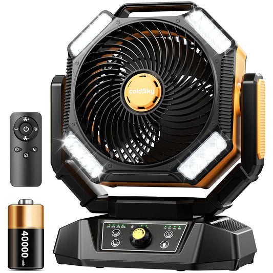 40000mAh Camping Fan, Battery operated fan with 4 LED Light, 8 Speed, Remote Portable Rechargeable Outdoor