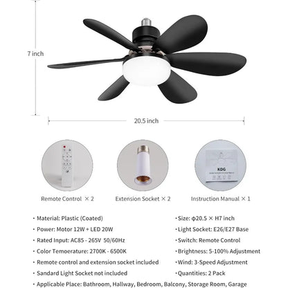 Ceiling Fans w/light low profile, LED Socket Fan, 3 Color dimmable lighting