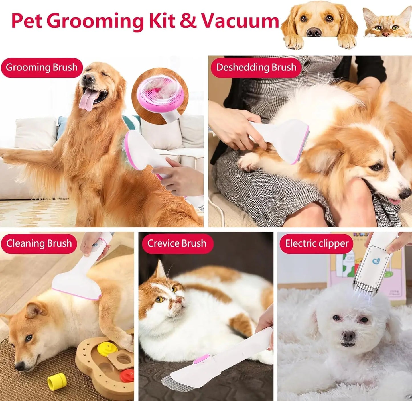 Pet Grooming Vacuum, Dog Hair Vacuum Groomer, Multi-Functional Pet Grooming Kits