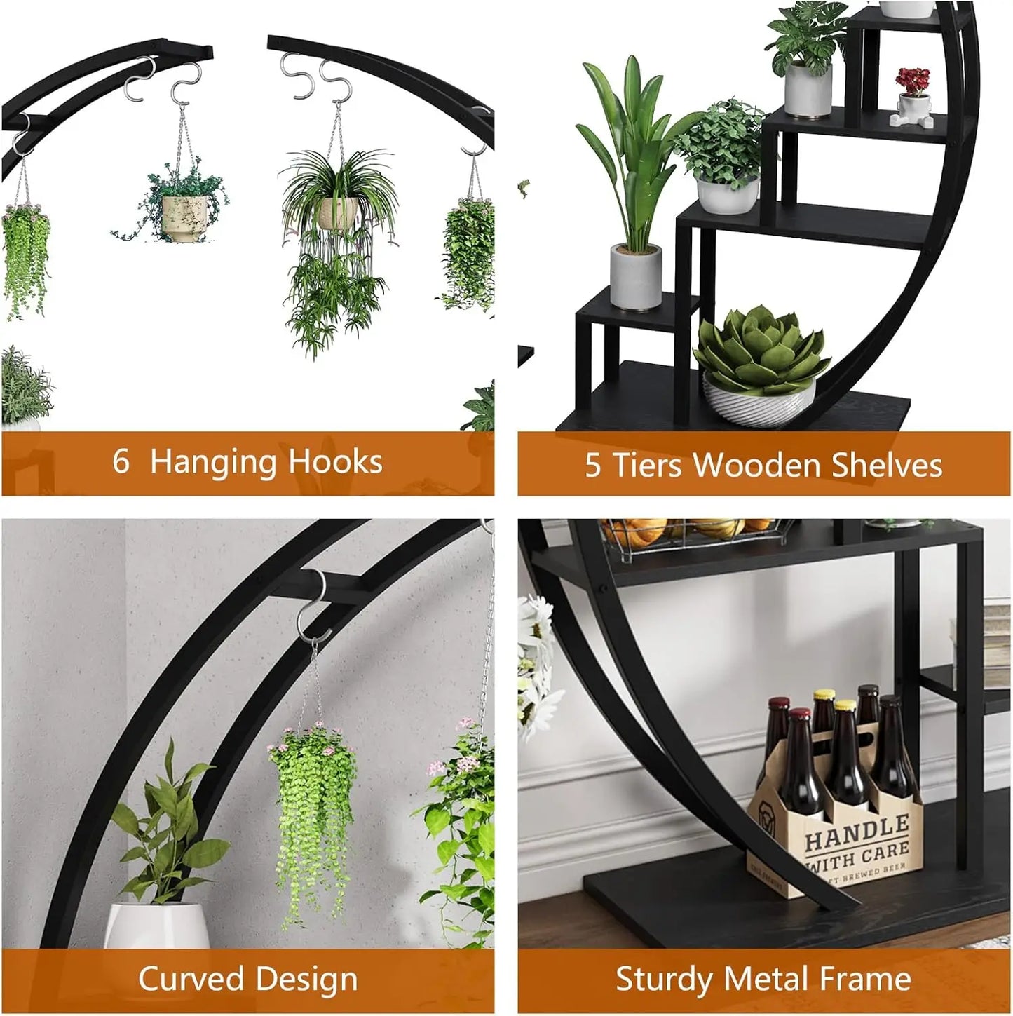 2 Pcs 5-Tier Metal Plant Stand, Half Moon Shape, Tall Garden Plant Holder