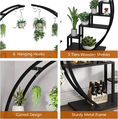 2 Pcs 5-Tier Metal Plant Stand, Half Moon Shape, Tall Garden Plant Holder