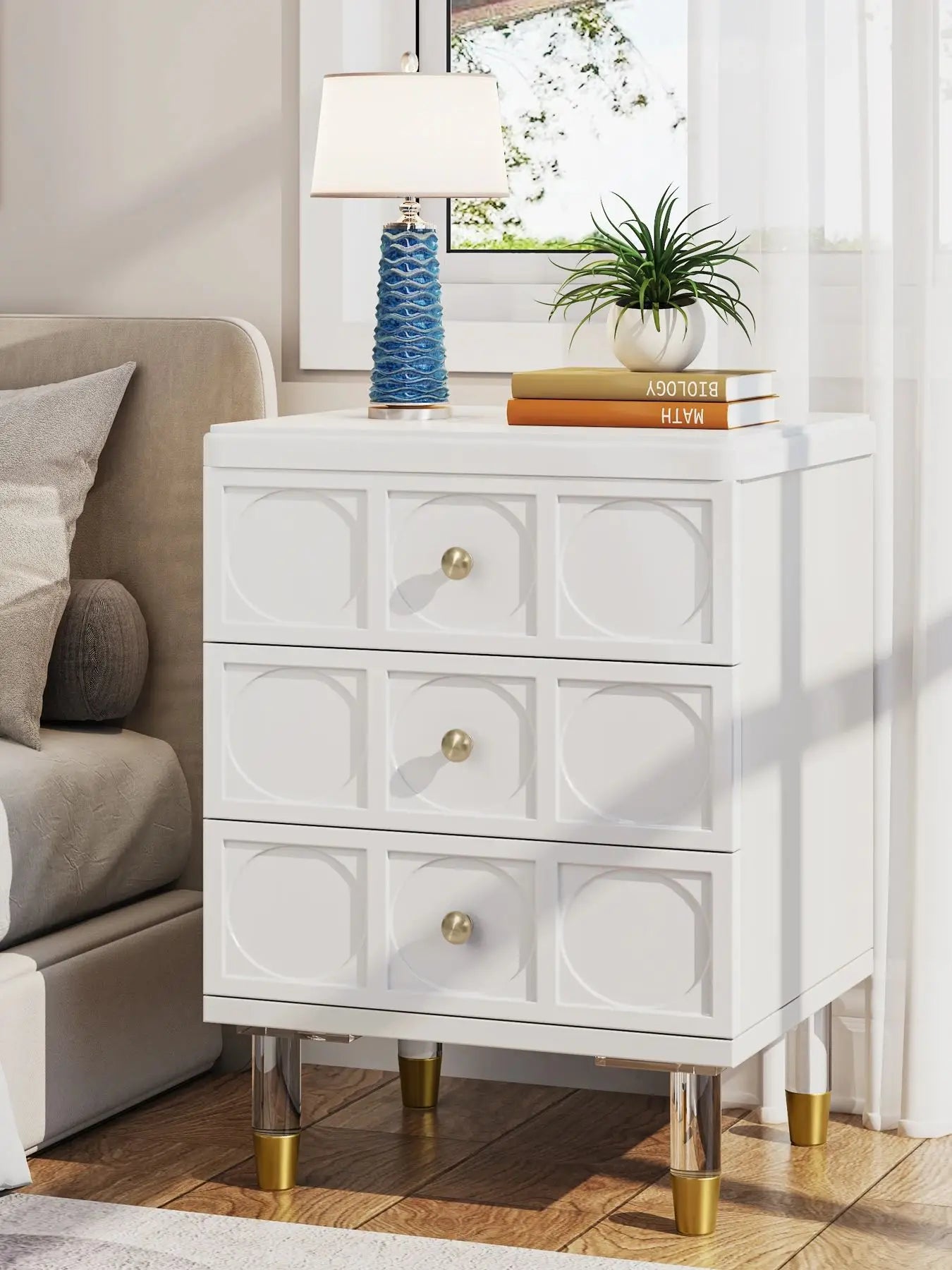 3 Drawer Nightstand Tall White and Gold W/Storage