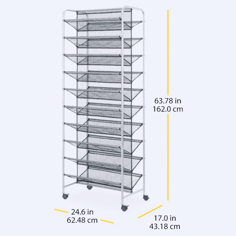 10 Tier 60-Pair Metal and Mesh Rolling Shoe Rack, Home Shoe Storage