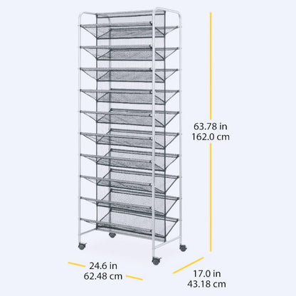 10 Tier 60-Pair Metal and Mesh Rolling Shoe Rack, Home Shoe Storage