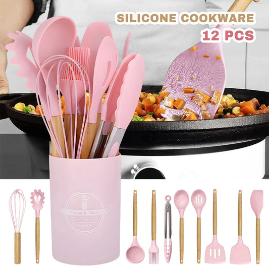 Kitchen Utensils, Silicone and Wooden Handles  12 Pieces
