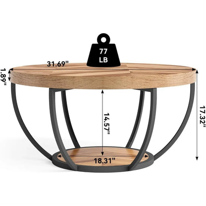Round Coffee Table, 32" for Living Room, 2 Tier Table W/Open Storage Design