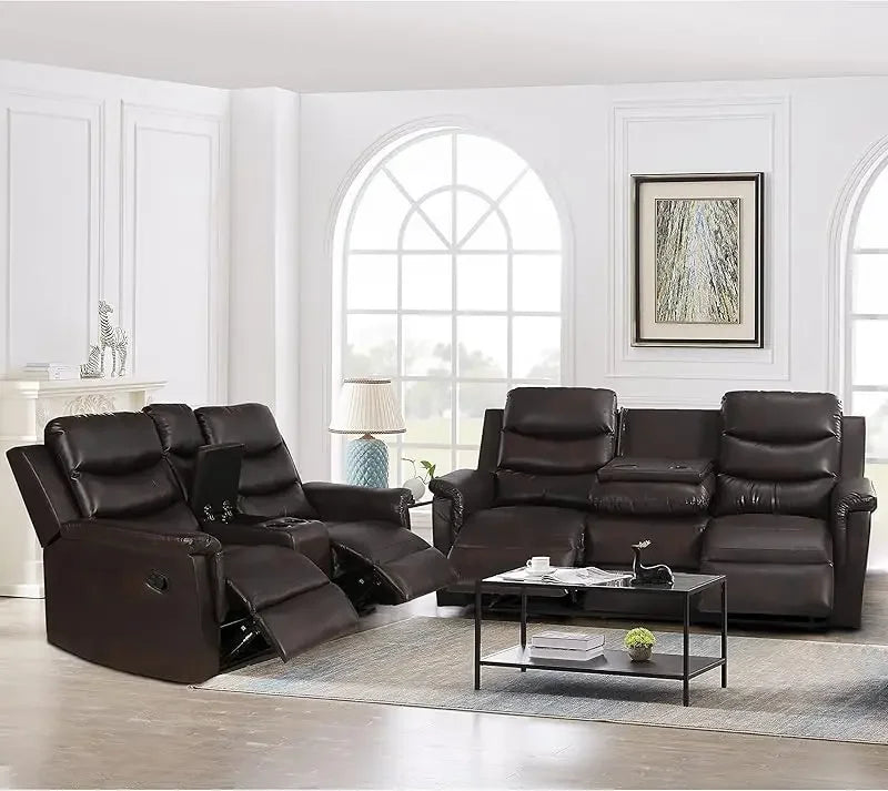 77" Comfy Living Room Sofa Set W/2 recliners, 3 Seater Leather adjustable