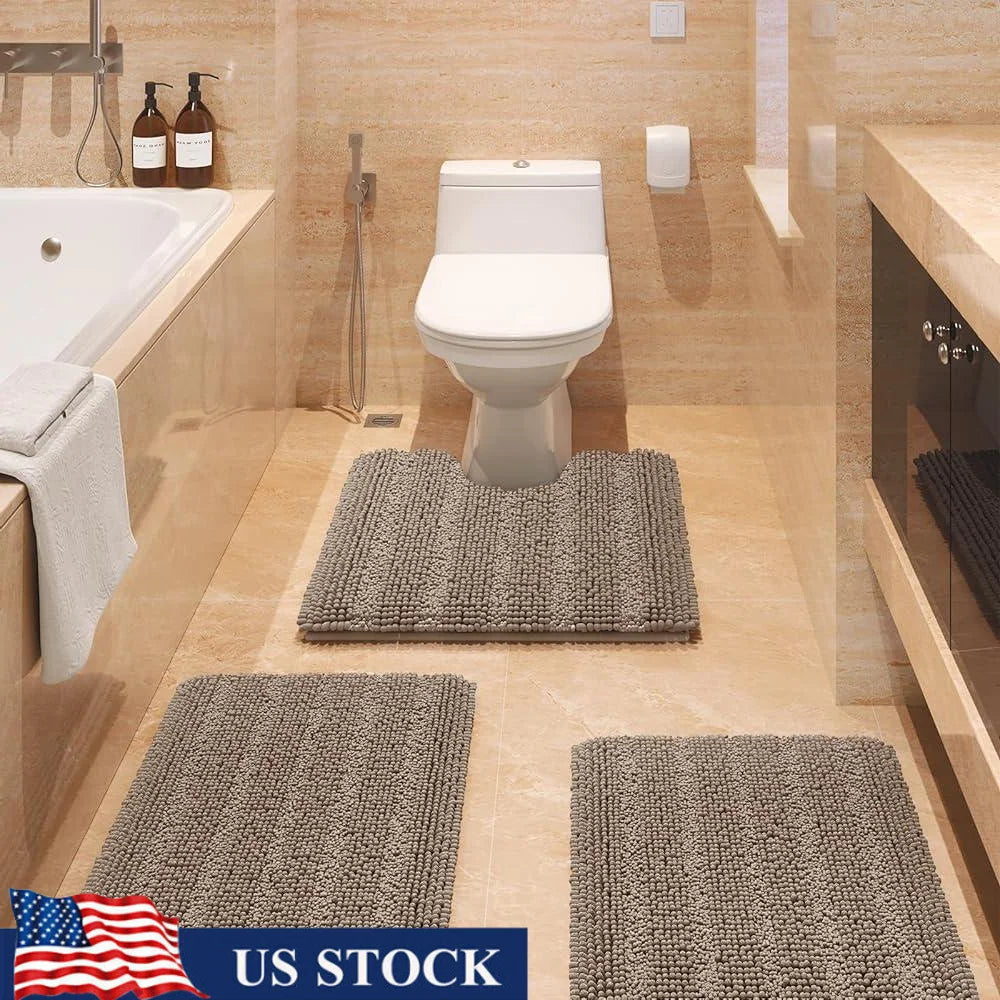 Ultra Soft Chenille Bath Rugs, Non Slip Absorbent Bathroom Mat Set