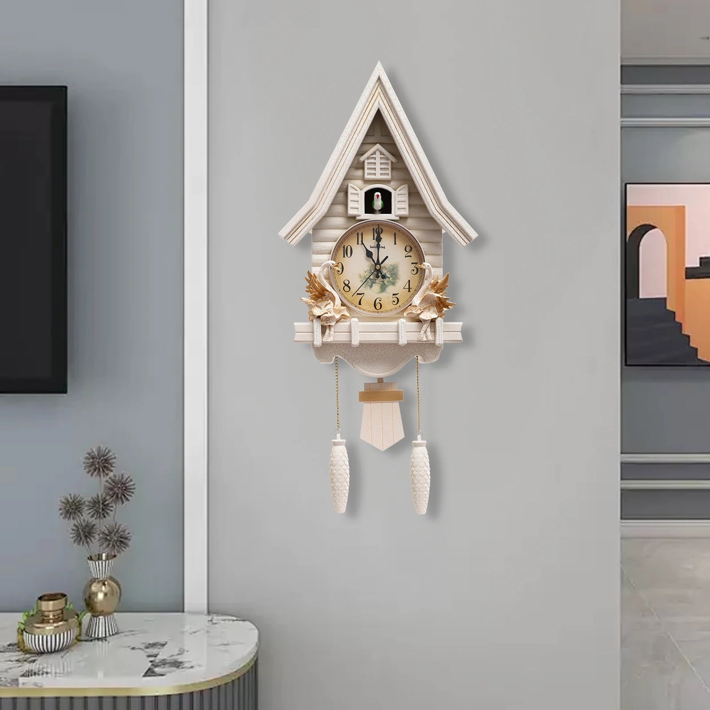 Antique White Cuckoo Wall Clock 12.8 x 4.33 x 27.2"