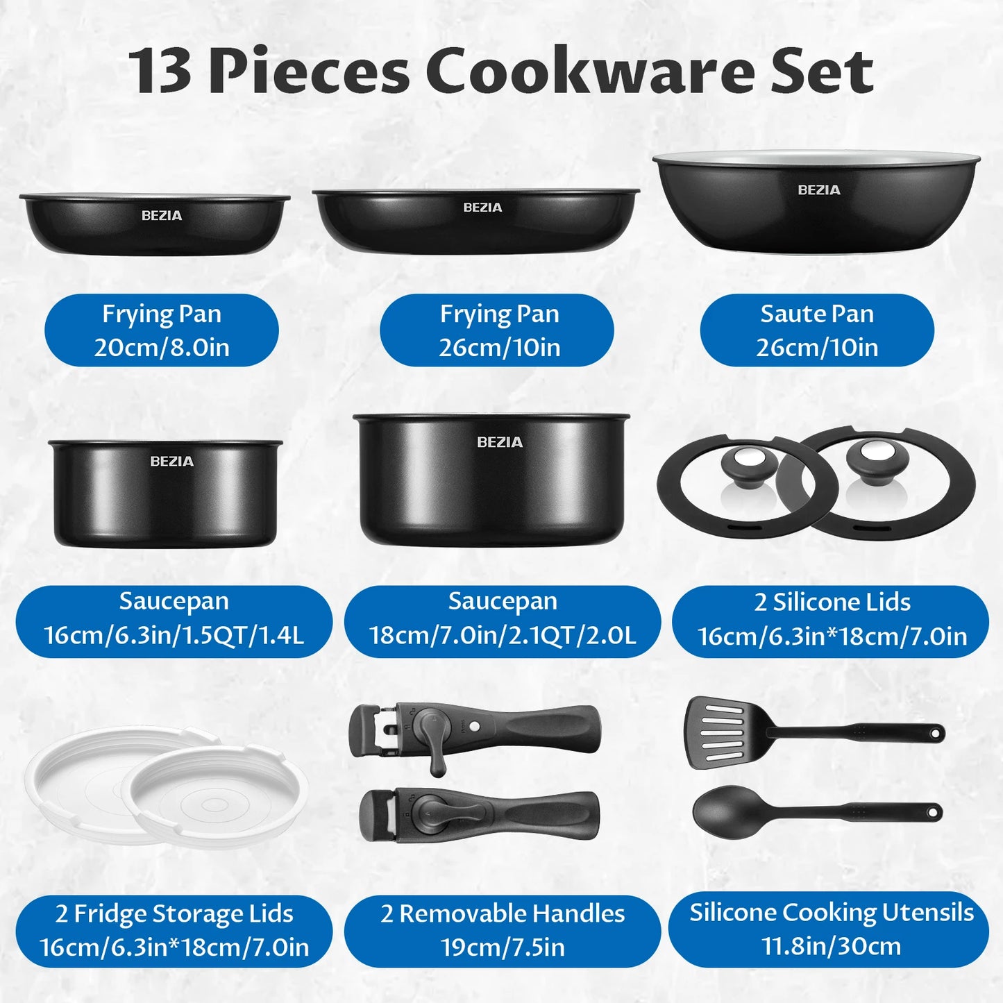 Induction Ceramic Cookware W/Detachable Handles, 13 Pcs