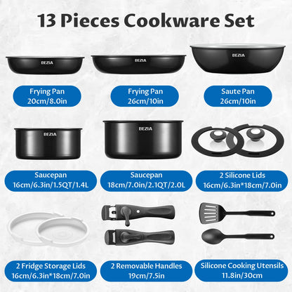 Induction Ceramic Cookware W/Detachable Handles, 13 Pcs