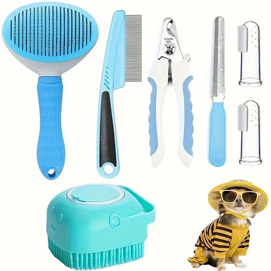 7 Pack Pet Grooming Set, Hair Removal Comb for Dog, Flea Comb, Shampoo Brush, Pet Nail Clippers, Toothbrush Set