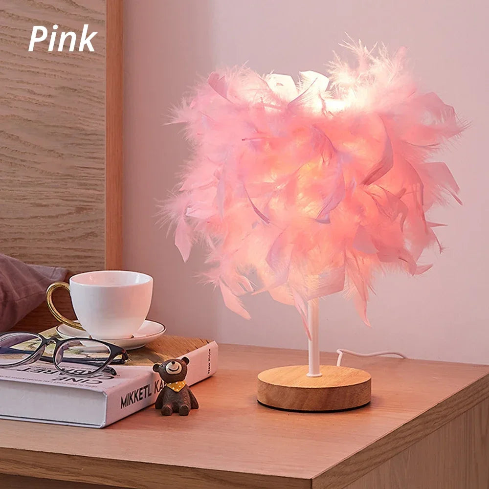 LED Warm Small Table Lamp, Romantic Creative Feather, Girls Bedroom Bedside Table