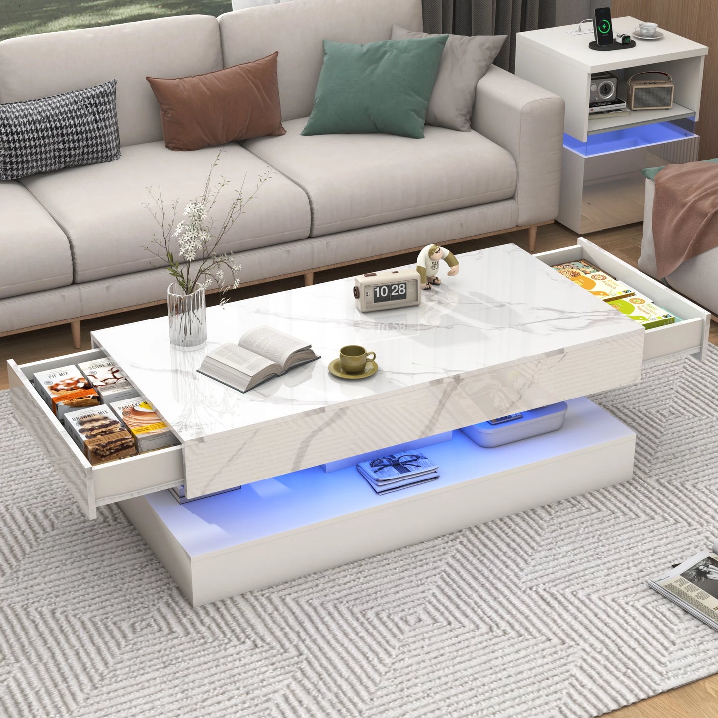 Modern Stylish Coffee Table W/LED lights, Double-Layer Design