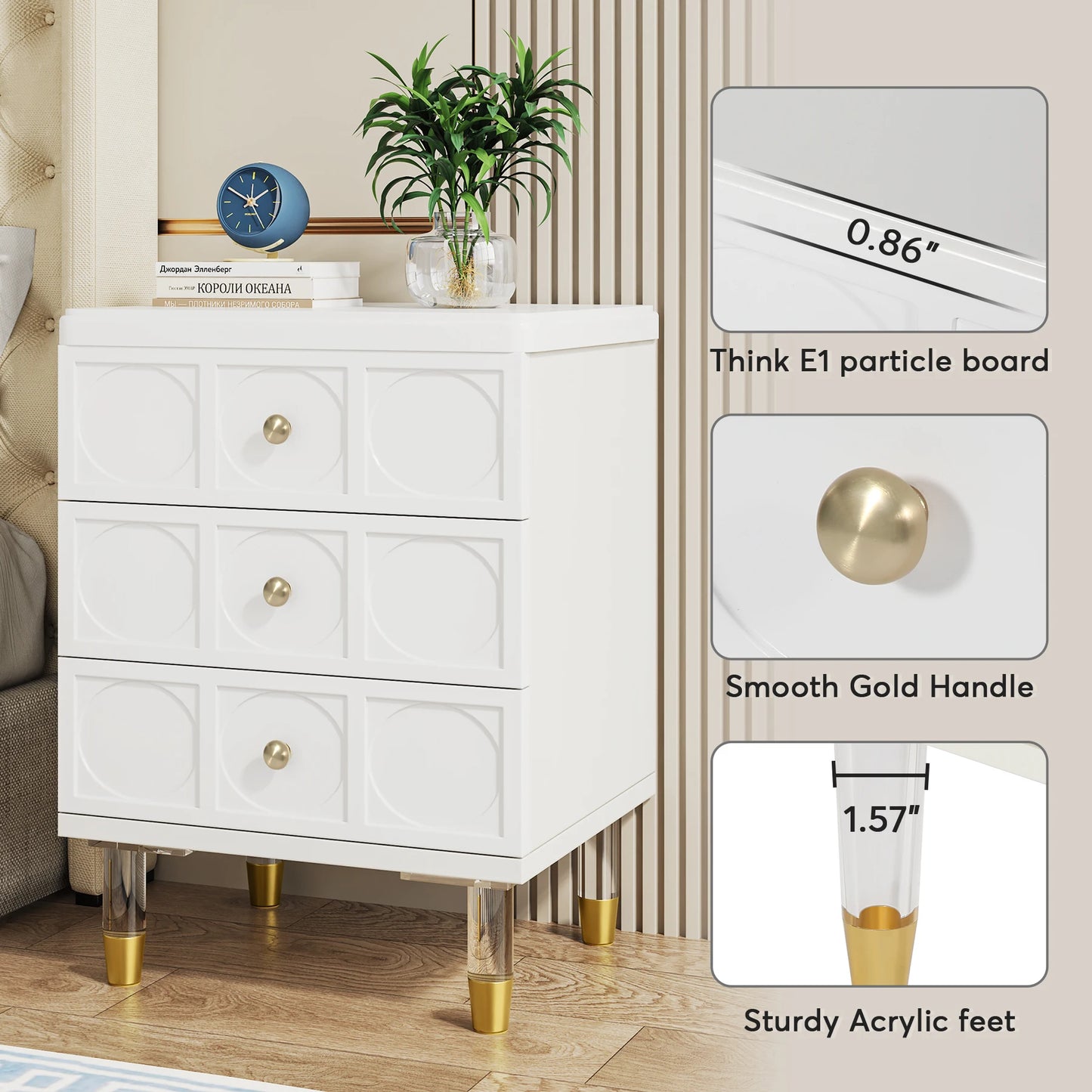 3 Drawer Nightstand Tall White and Gold W/Storage