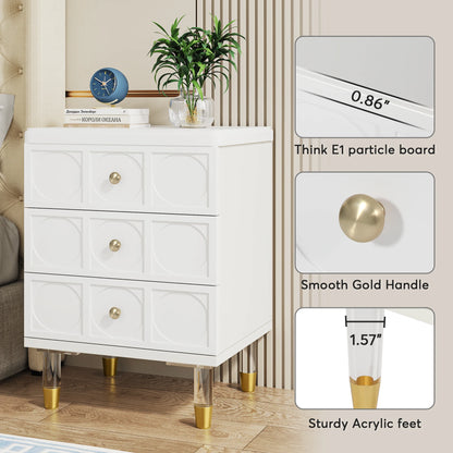 3 Drawer Nightstand Tall White and Gold W/Storage