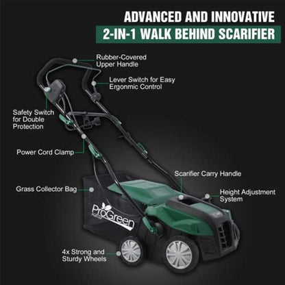 2-in-1 Electric Garden Scarifier & Dethatcher 15 AMP Lawn Aerator W/58QT Detach Bag