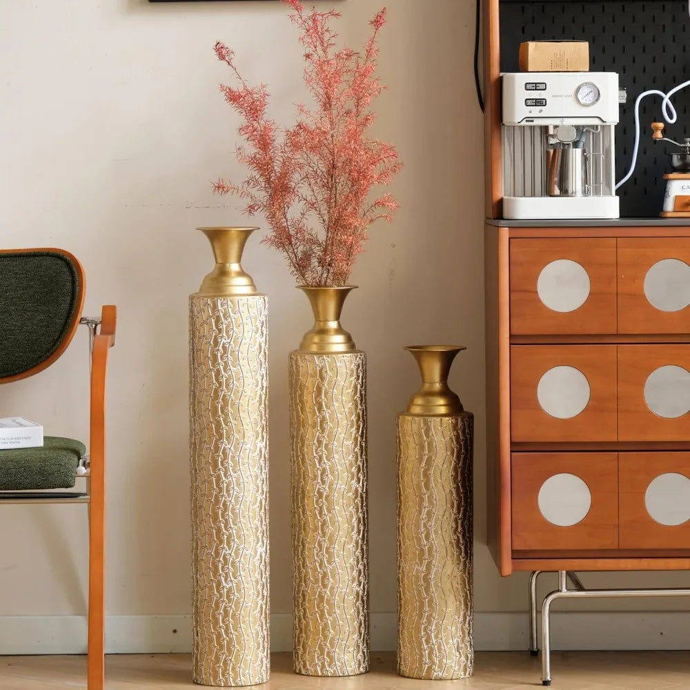 Gold Metal Vase Set of 3, Metallic Centerpiece Vases