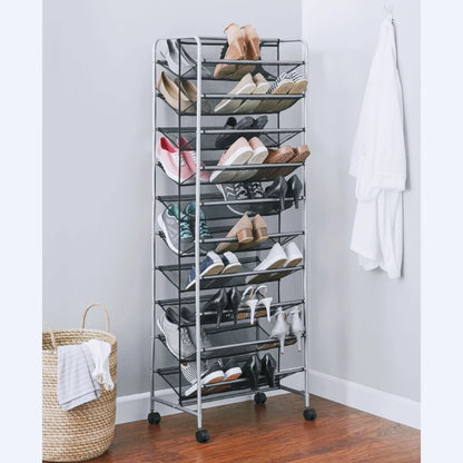 10 Tier 60-Pair Metal and Mesh Rolling Shoe Rack, Home Shoe Storage